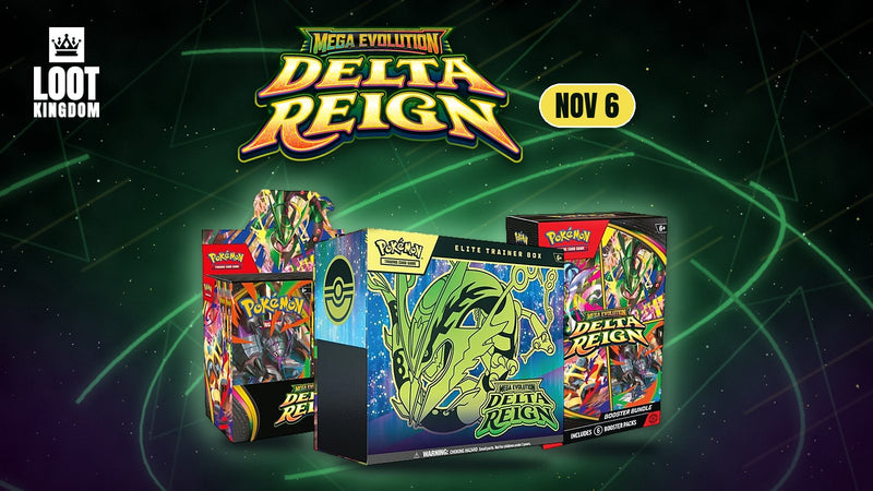 Official Pokémon TCG Mega Evolution Delta Reign logo above the Delta Reign Elite Trainer Box, booster box and booster bundle on a dark green background