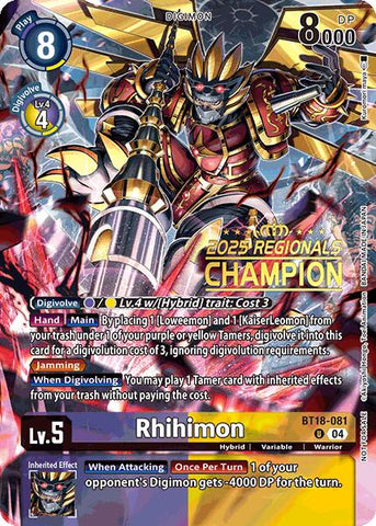Rhihimon [BT18-081] (2025 Regionals Champion) [Release Special Booster Ver.2.0 Promos]