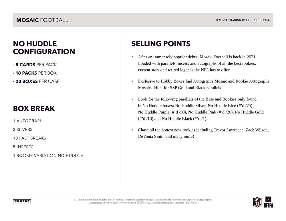 2021 Panini Mosaic NFL No Huddle Hobby Box